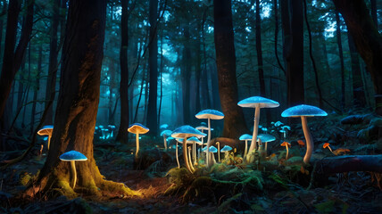An enchanted forest with bioluminescent trees and glowing mushrooms, ultra HD, magical