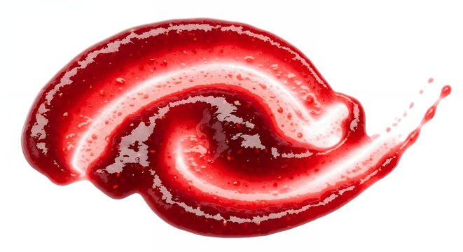 Close-up of a vibrant red fruit jam smear on white background.