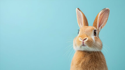 Closeup Of A Light Brown Rabbit Against A Light Teal Background