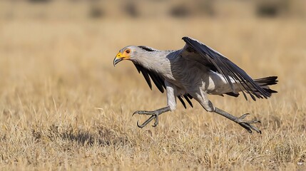 Obraz premium Striking Secretary Bird striding through the African savanna its long legs and sharp talons ready to hunt venomous snakes