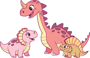 Obraz premium Three cartoon dinosaurs in pink and yellow colors standing together on a white background illustration