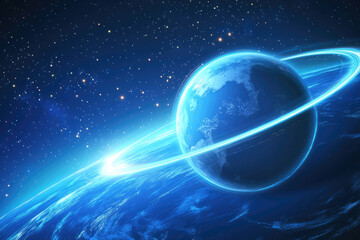 Glowing blue planet with ring in space.