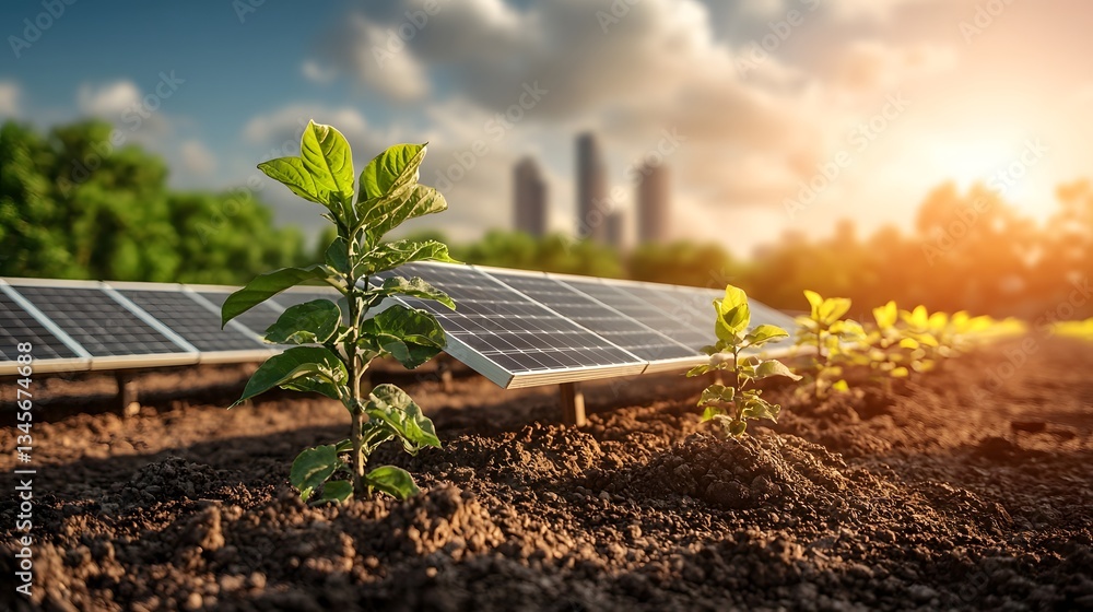 Poster a small seedling emerges from the soil thriving in the sunlight next to an array of solar panels tha