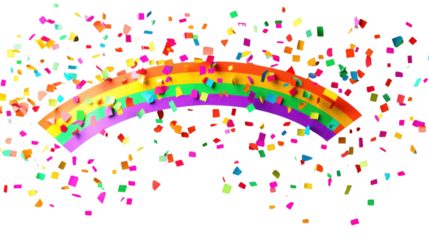 Rainbow with falling confetti on transparent background representing celebration and lgbt pride