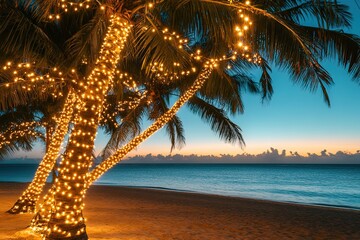 Magical Sunset Beach Scene Palm Trees Adorned with Fairy Lights