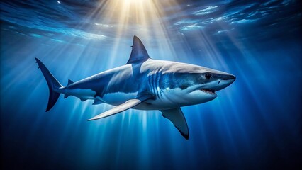 Fototapeta premium Majestic Shark in Deep Ocean: Low Light Underwater Wallpaper