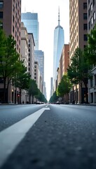 Fototapeta premium Generative AI Captivating cityscape view down a wide avenue lined with towering buildings