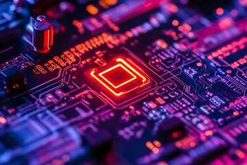 Illuminated CPU Glowing on Circuit Board.