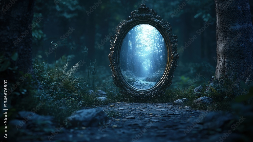 Poster an ornate mirror stands in a dark, mysterious forest, reflecting a bright path. use this for concept