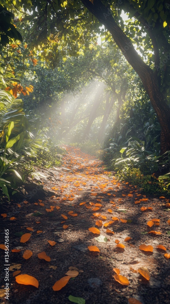 Poster forest trail with sun rays illuminating an autumn landscape and colorful fallen leaves in a serene e