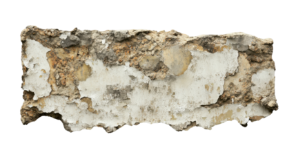 Broken concrete slab showing exposed pebbles and crumbling white paint on transparent background