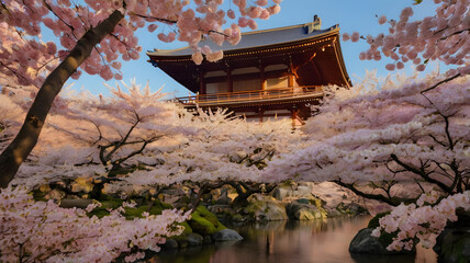 Cherry blossom trees in full bloom in Kyoto, Japan, with a traditional temple, ultra HD