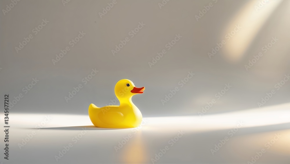 Poster small yellow rubber duck resting on a smooth surface illuminated by soft sunlight in a serene indoor