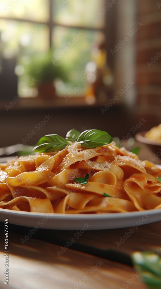 Poster delicious close-up of freshly prepared pasta with rich sauce and basil on a rustic table setting