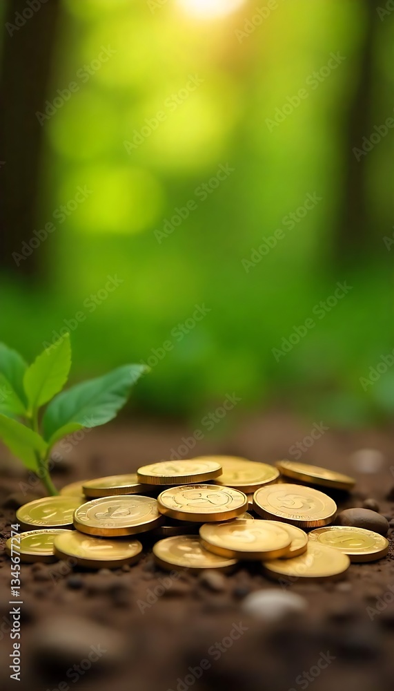Poster generative ai a seedling grows from a pile of gold coins in a forest representing financial growth a