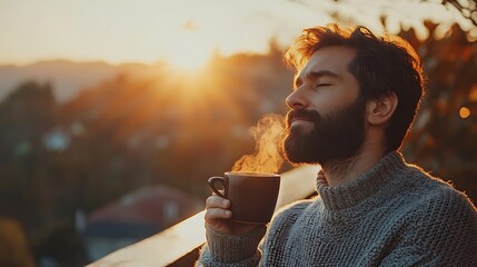 Fototapeta premium A bearded man enjoying his first sip of coffee on a balcony overlooking a misty mountain landscape, wearing a cozy sweater, deep inhale with eyes closed, peaceful sunrise hues in the background,