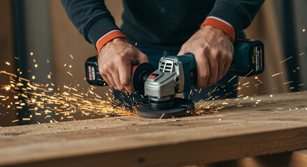 Artisan's Hands: Dynamic Angle Grinder Sparks and Wood