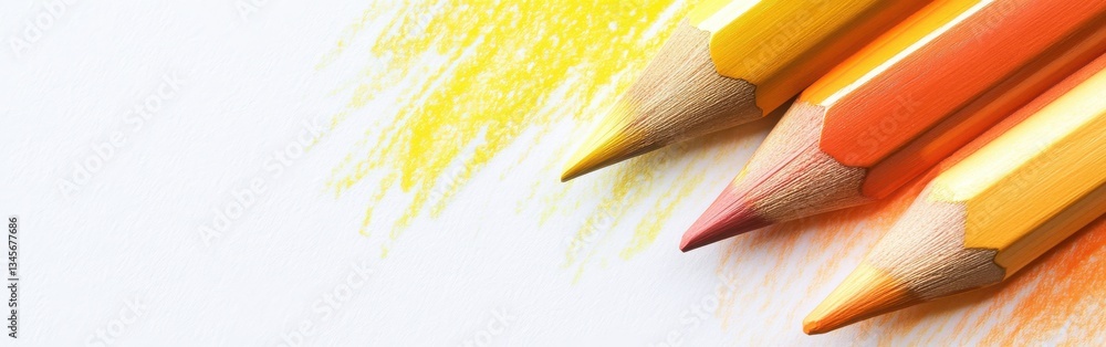 Poster pencil strokes in gradient of muted yellow with colored pencils arranged artistically on a white sur