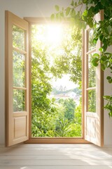 Bright Sunlight Streaming Through Open Window with Greenery Outside