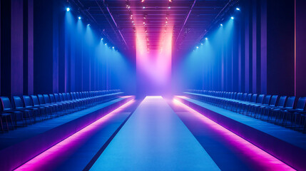 A stylish runway with empty seats and a catwalk background with empty space for text