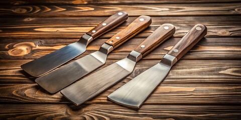 Metallic Flexible Blade Spatulas on Rustic Wooden Background - Professional Food Photography