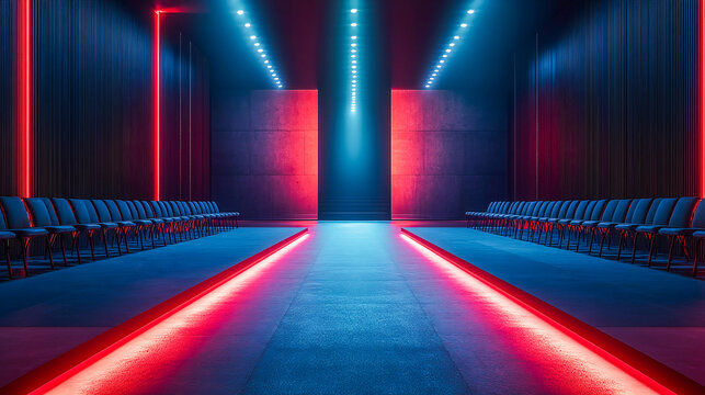 A stylish runway with empty seats and a catwalk background with empty space for text