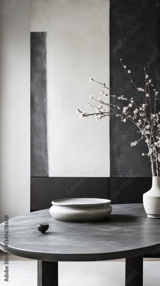 Poster modern interior design featuring charcoal gray overlapping shapes with a minimalist table arrangemen