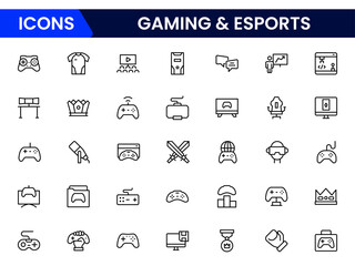 Gaming and esports line icons related to video games, gaming, technology, gadgets, and sports. Vector illustration. © oneflock