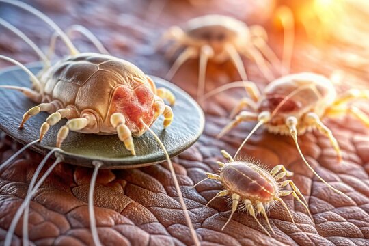 Microscopic Close-up of Scabies Mites on Human Skin, Medical Dermatology