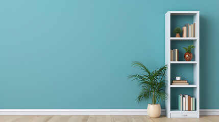 Teal Wall Room with Bookshelf and Plant