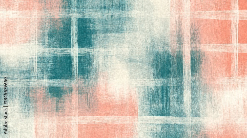 Leinwandbilder Soft pencil strokes create a muted teal grid pattern with delicate blends of peach and white for a calming backdrop or design element