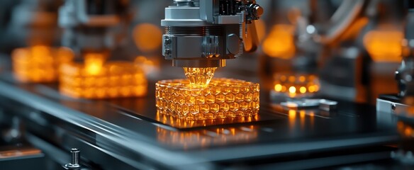 Automated 3D printing factory, cubes forming, industrial background, tech