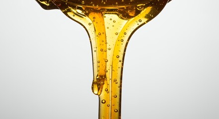 Obraz premium A high-quality close-up captures a stream of golden liquid dripping against a plain white background.