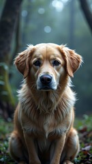A majestic golden retriever sits in a serene forest, its golden fur glistening in the sunlight