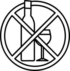 No Alcohol Sign Prohibited Wine Bottle and Glass Icon Black and White Symbol Design