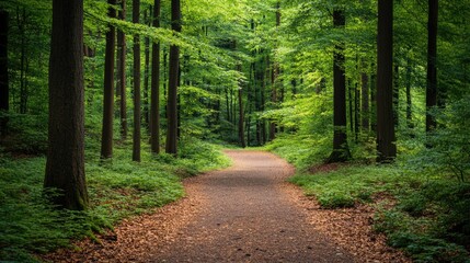 Fototapeta premium Serene Forest Path Surrounded by Lush Green Trees and Foliage