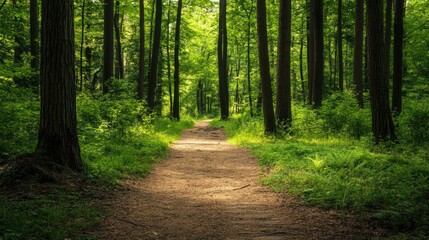 Fototapeta premium Peaceful Forest Pathway Surrounded by Lush Green Trees and Foliage