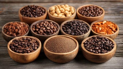 Assortment of Coffee Beans, Grounds, and Spices in Wooden Bowls