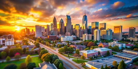 Miniature Charlotte Skyline at Sunset - Tilt-Shift Photography