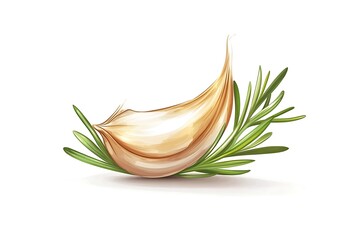 Garlic clove and rosemary leaf isolated on white background