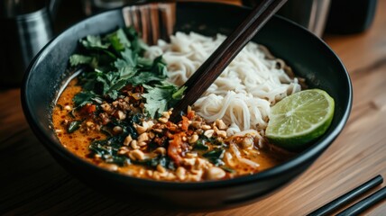 Spicy Noodle Soup with Fresh Herbs and Lime