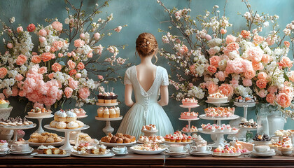 Elegant bride in a vintage dress stands before a lavish dessert table adorned with flowers, celebrating a wedding