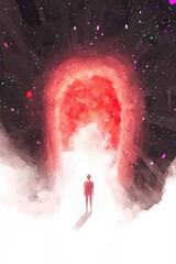 Obraz premium A solitary figure stands before a vibrant cosmic portal in a surreal landscape, representing exploration, mystery, and the journey of imagination.