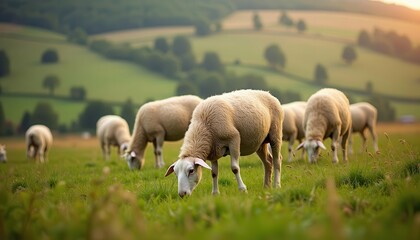 Fototapeta premium A serene view of sheep grazing in a lush green pasture under a beautiful sunset, farm self sufficiency livestock concept.