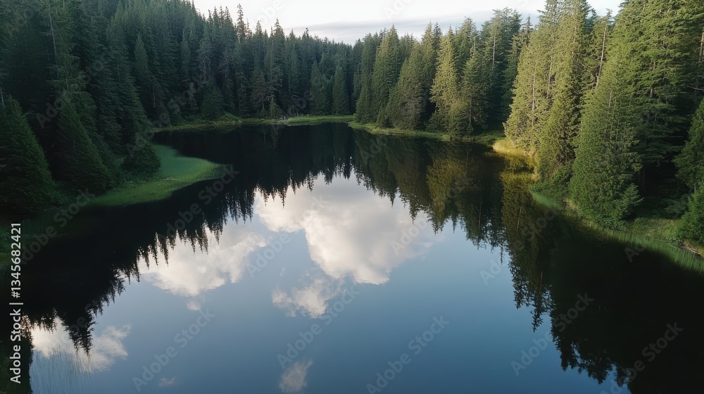 Poster picturesque lake reflecting clouds and surrounded by lush evergreen forest in a serene natural setti