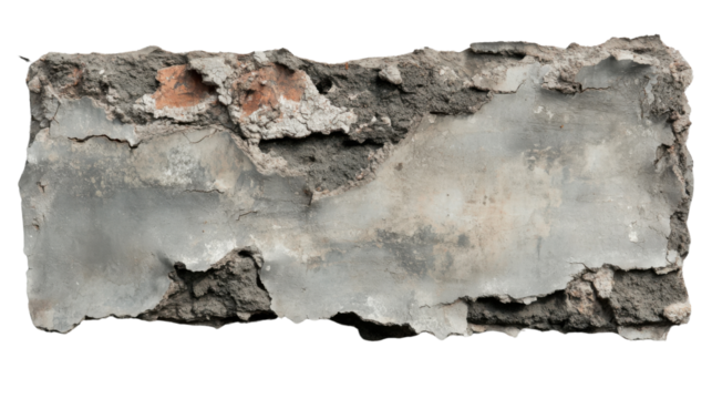 Broken concrete slab with exposed brick and transparent background