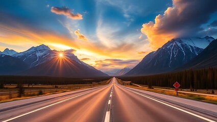 Majestic Sunset Over the Alaskan Highway with Towering Mountains