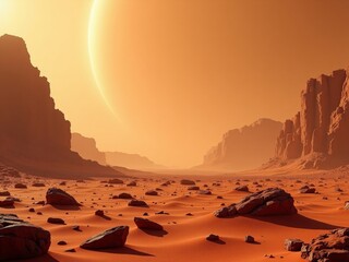 A barren, rocky landscape with a reddish hue