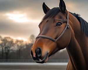 Obraz premium Majestic Chestnut Horse for Winter Sunset.