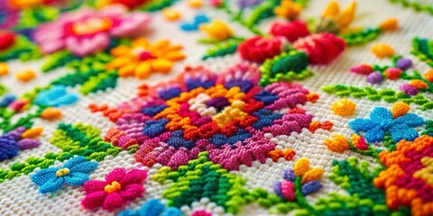 Miniature Floral Cross Stitch Embroidery, Whimsical Needlework, Close-up, Tilt-Shift, Craft